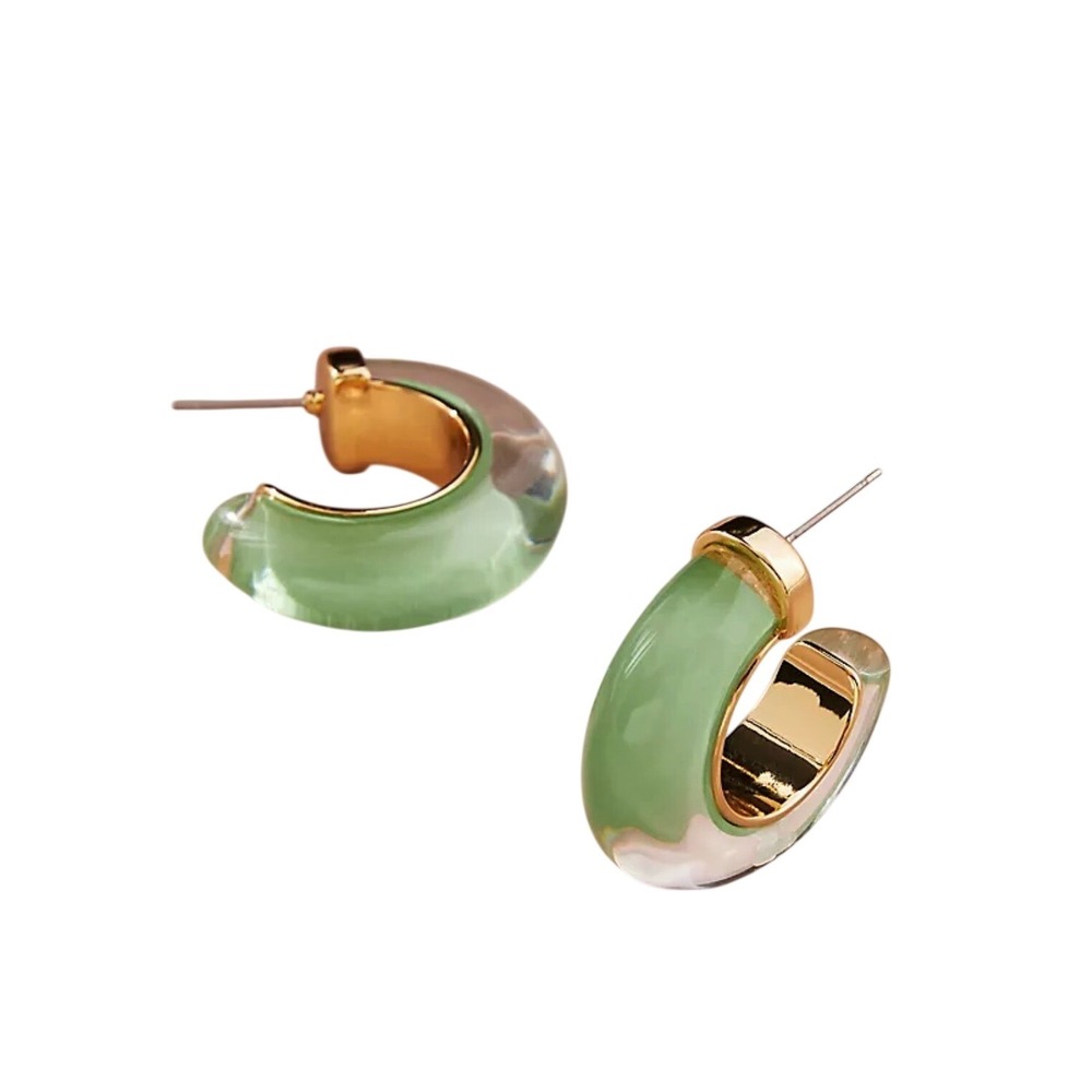 Anthropologie‎ Green Resin Chunky Hoop Earrings Gold Tone Statement C-Hoops